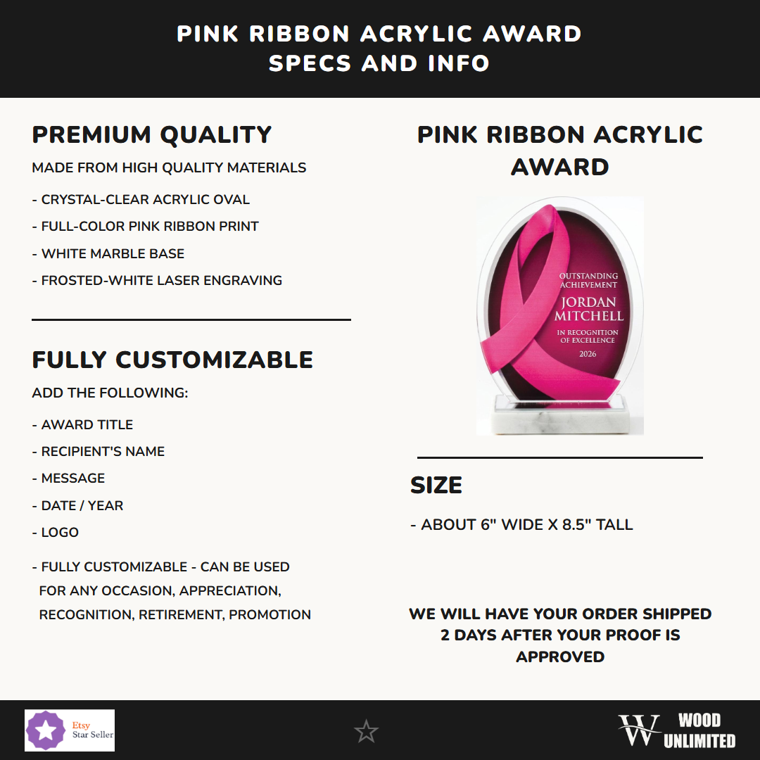 Specifications for the personalized Pink Ribbon acrylic award — clear acrylic oval, white marble base, frosted-white laser engraving, size and customization details