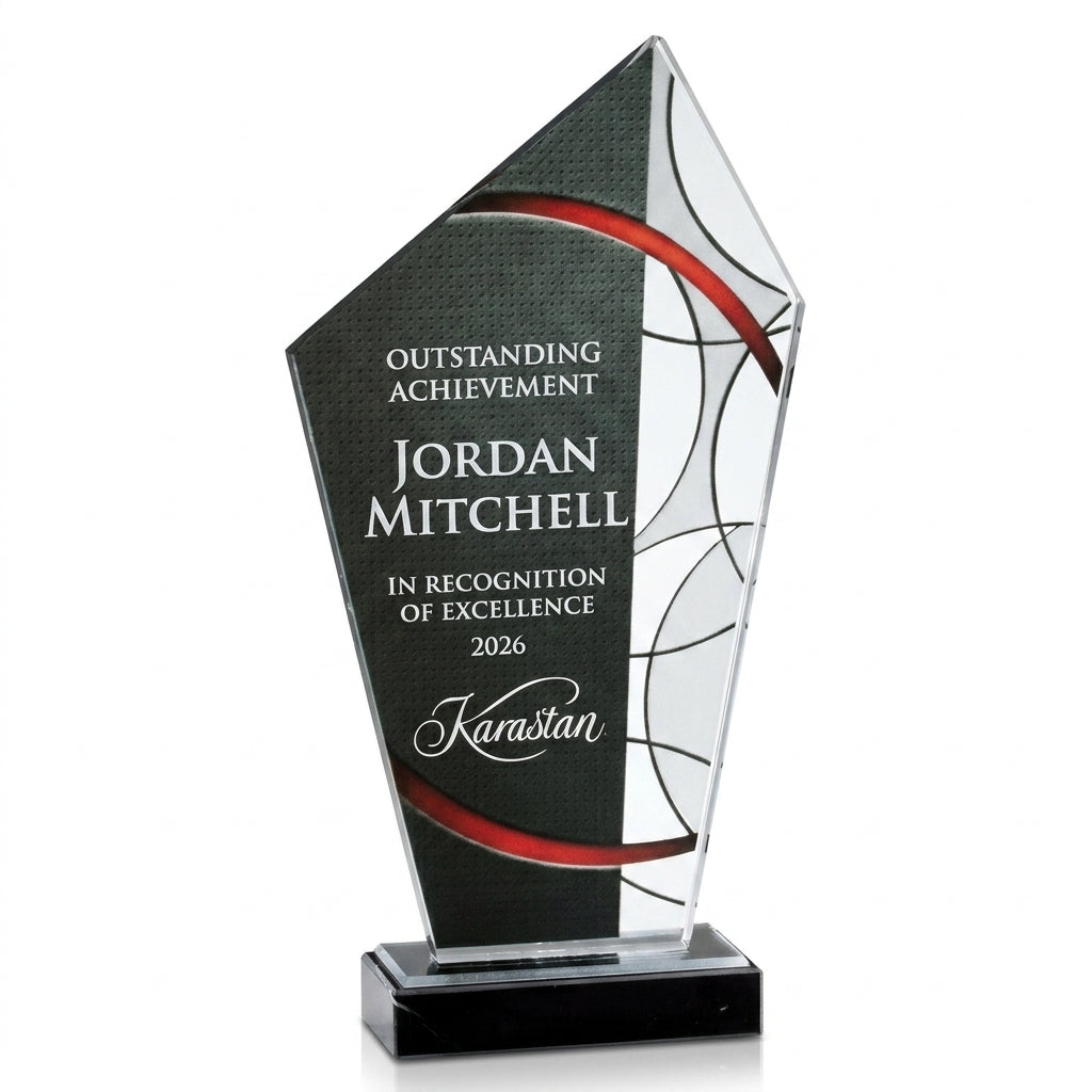 Personalized Stained Glass Large Red acrylic award, custom laser engraved recognition award on a clean white studio background