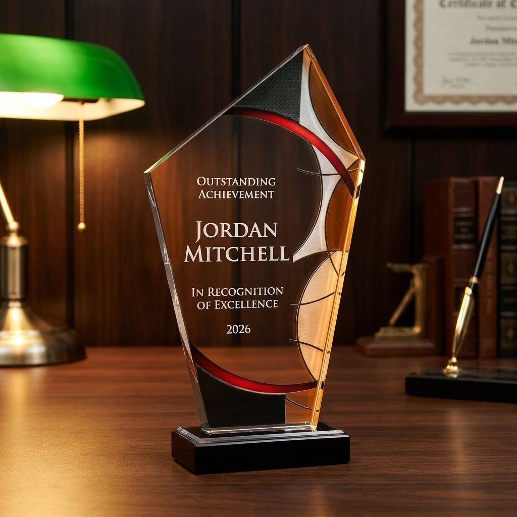 Personalized Stained Glass Large Red acrylic award on a warm executive desk with a green banker's lamp, engraved corporate recognition and retirement gift