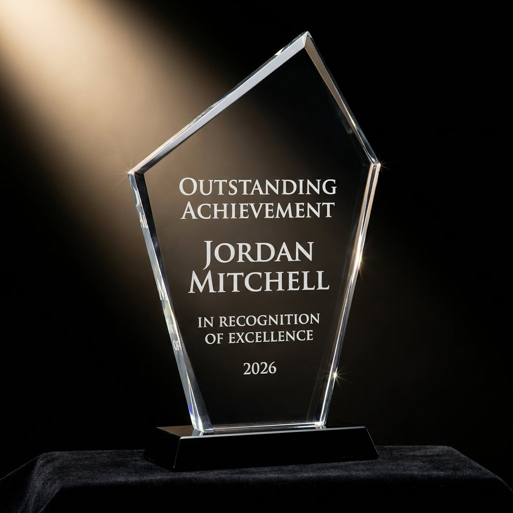Personalized Stained Glass Large Red acrylic award on black velvet under awards-ceremony spotlight, engraved champion and lifetime achievement award