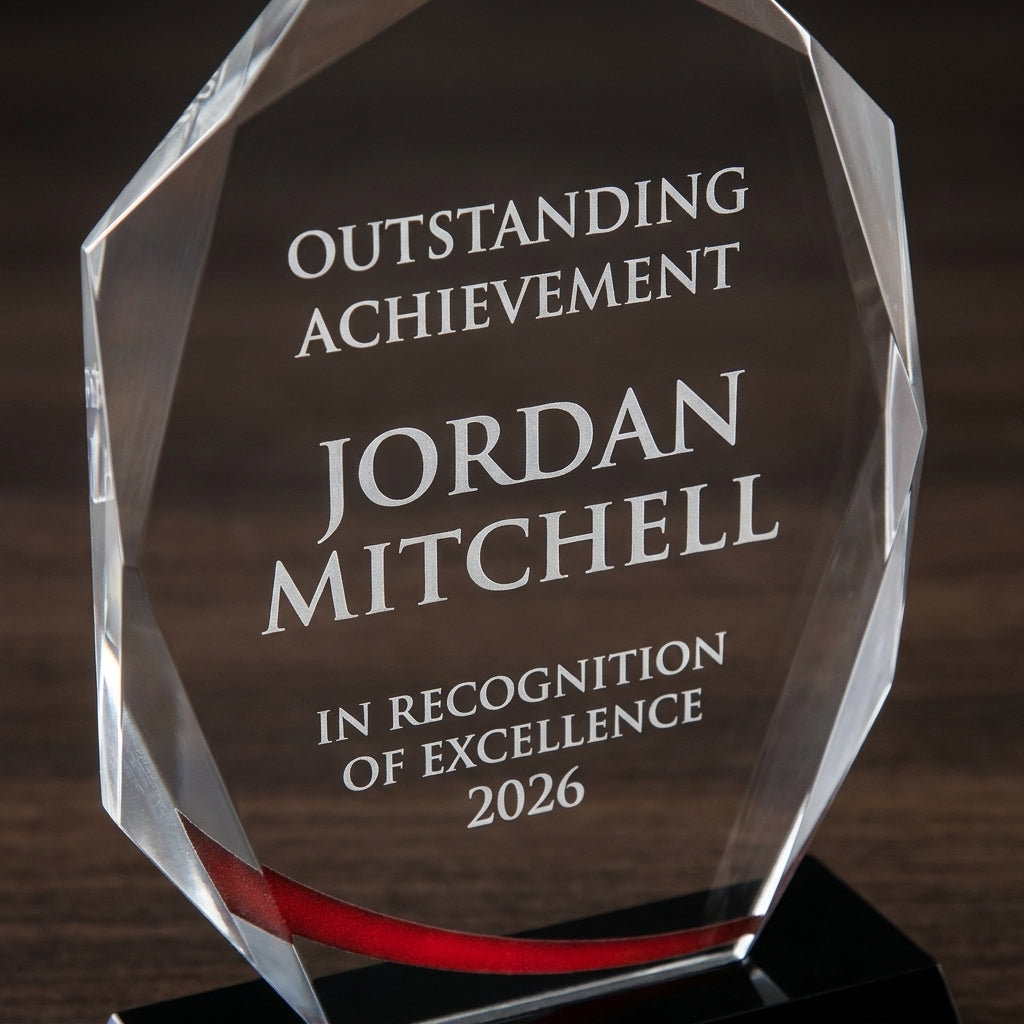 Close-up of the custom laser engraving on a personalized Stained Glass Large Red acrylic award, showing crisp permanent personalization