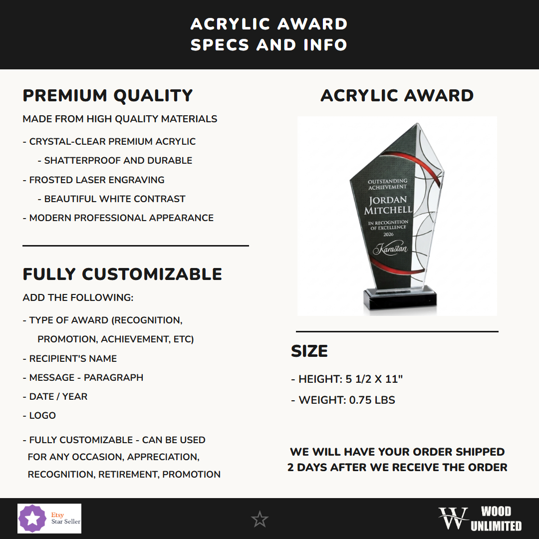 Specifications for the personalized Stained Glass Large Red acrylic award — materials, engraving, and features