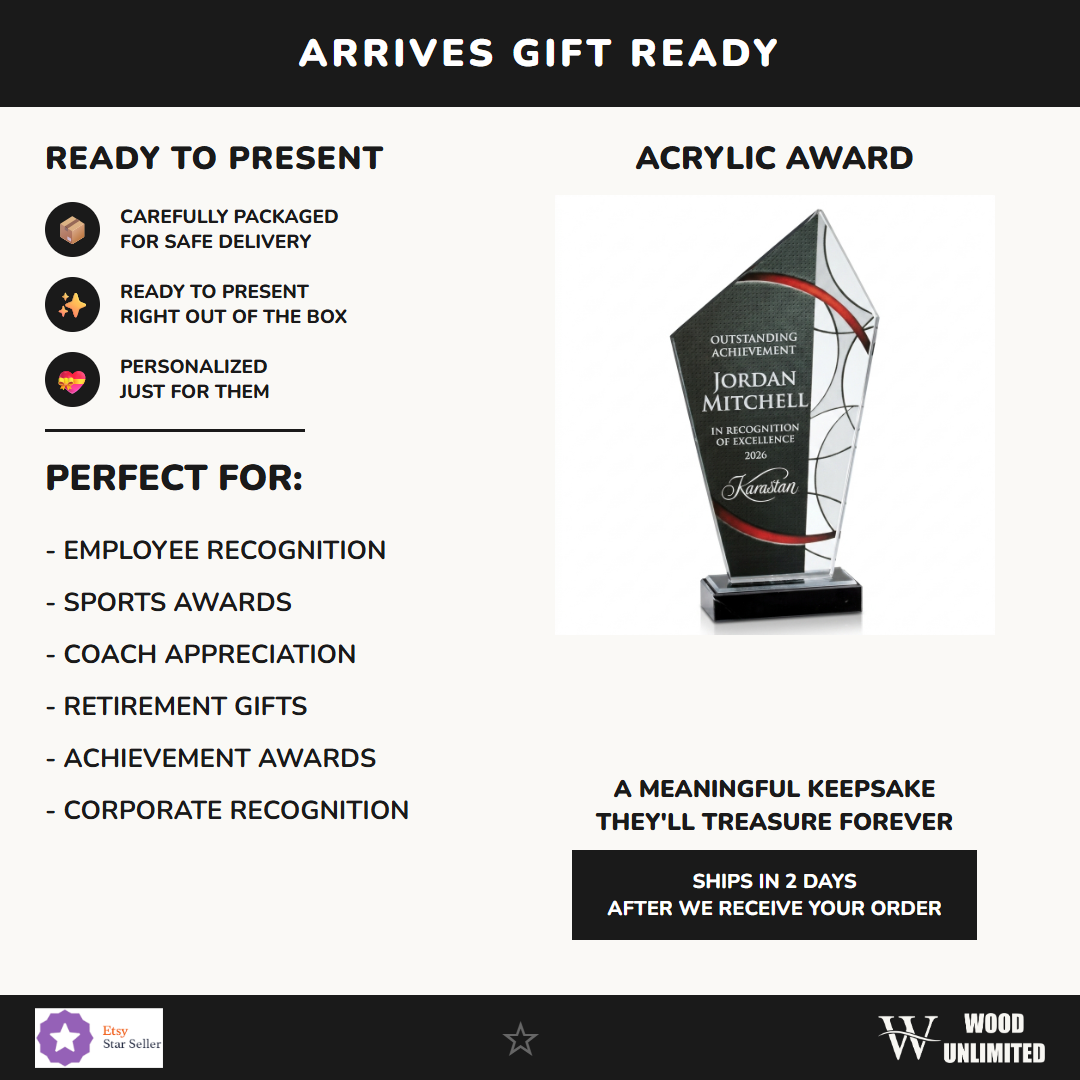 Gift-ready personalized Stained Glass Large Red acrylic award, perfect for ceremonies, retirements, and corporate recognition