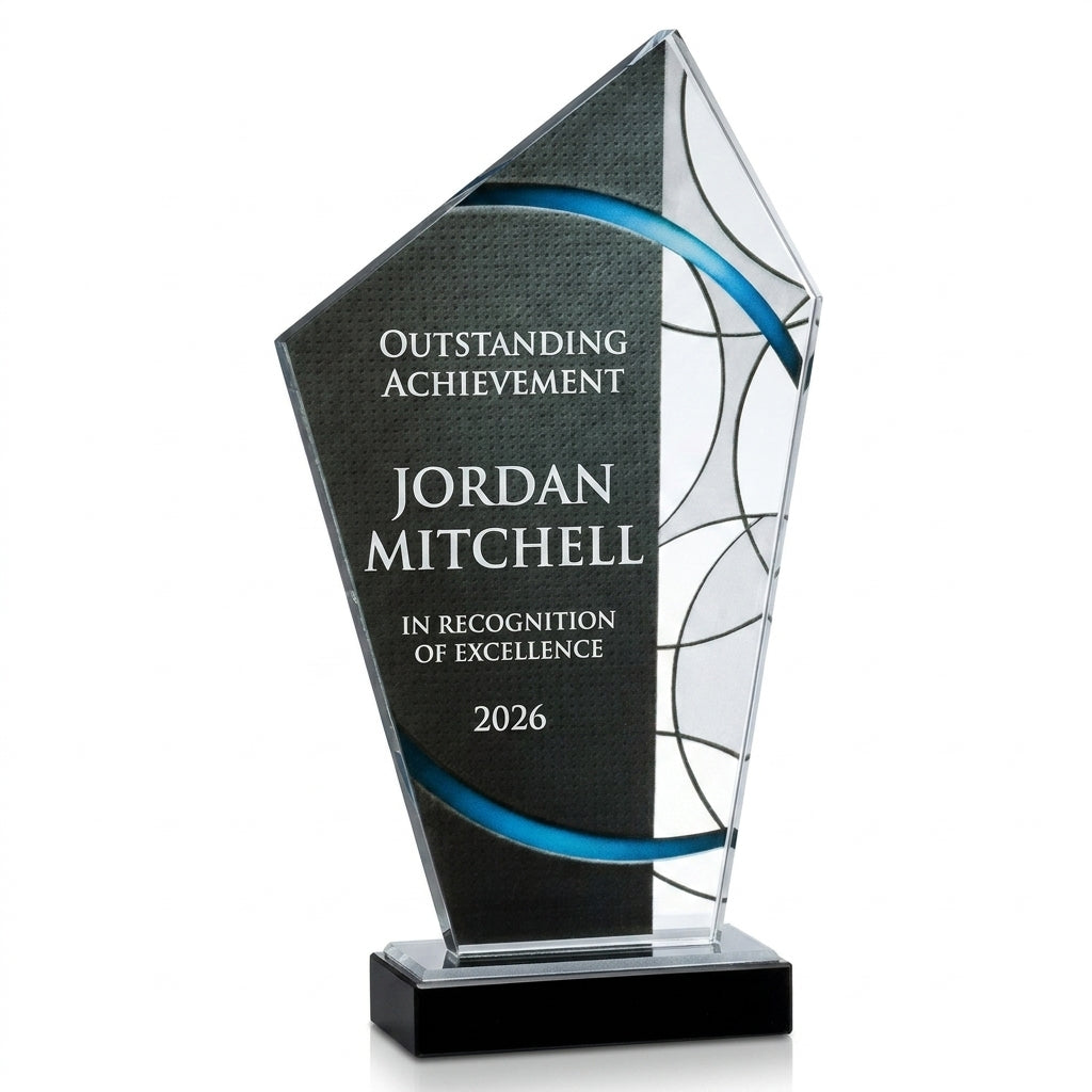 Personalized Stained Glass Large Blue acrylic award, custom laser engraved recognition award on a clean white studio background