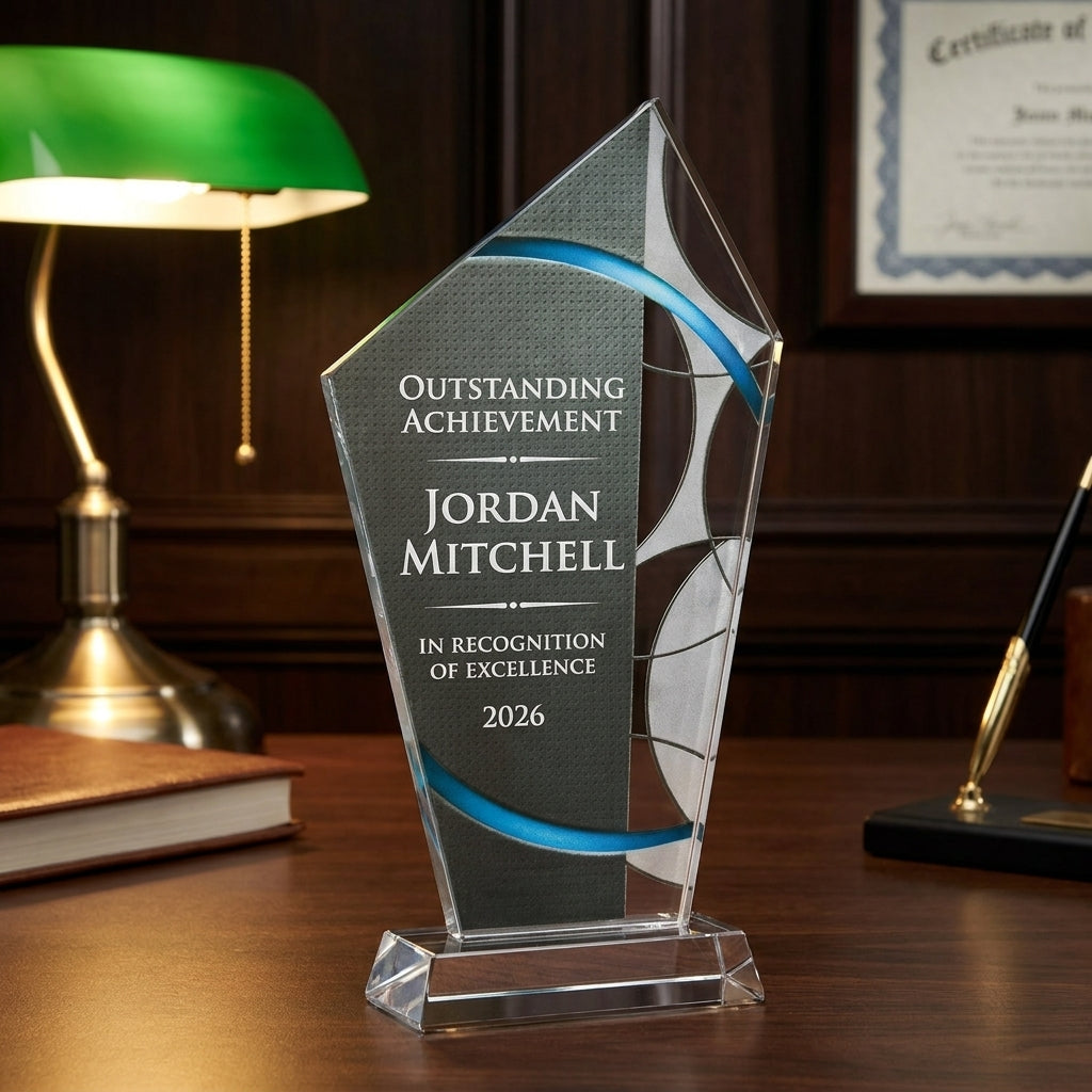 Personalized Stained Glass Large Blue acrylic award on a warm executive desk with a green banker's lamp, engraved corporate recognition and retirement gift
