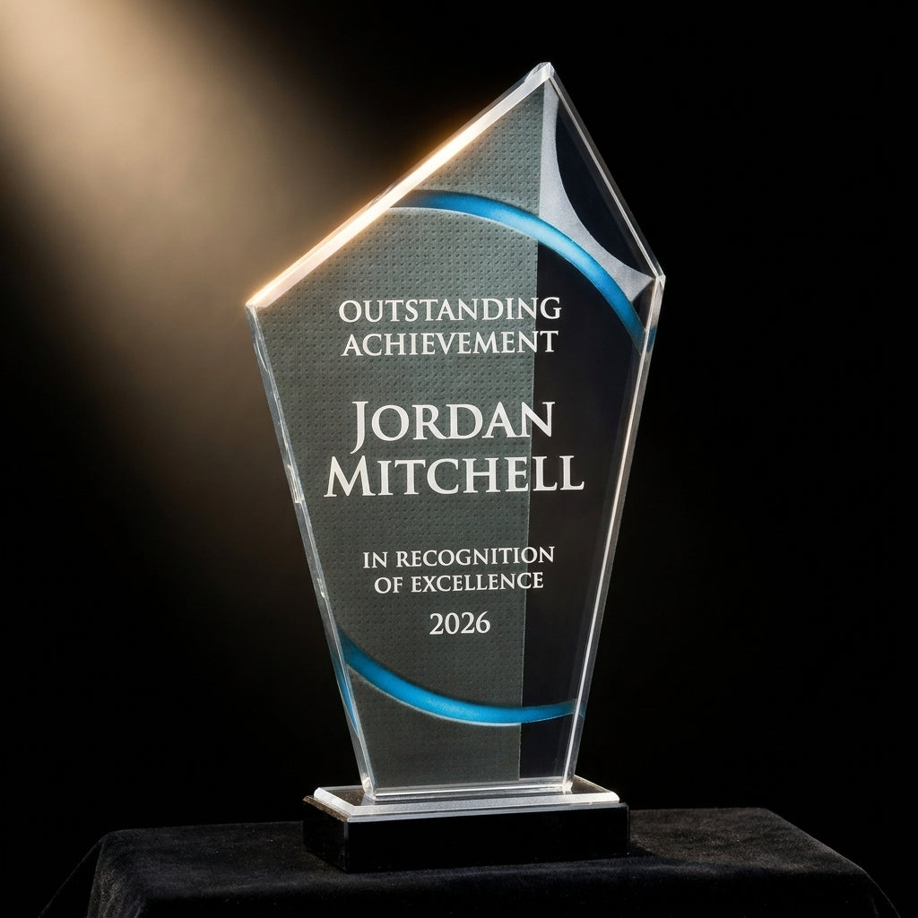 Personalized Stained Glass Large Blue acrylic award on black velvet under awards-ceremony spotlight, engraved champion and lifetime achievement award