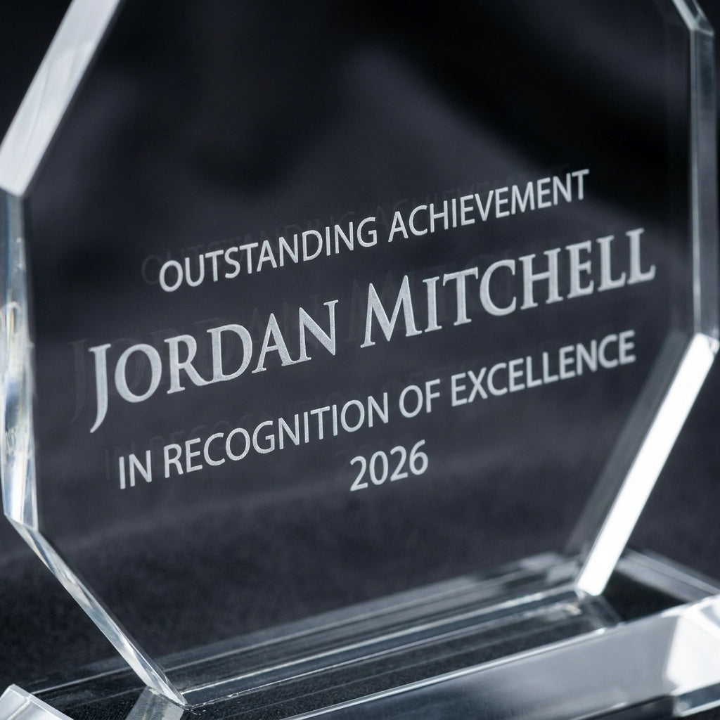 Close-up of the custom laser engraving on a personalized Stained Glass Large Blue acrylic award, showing crisp permanent personalization