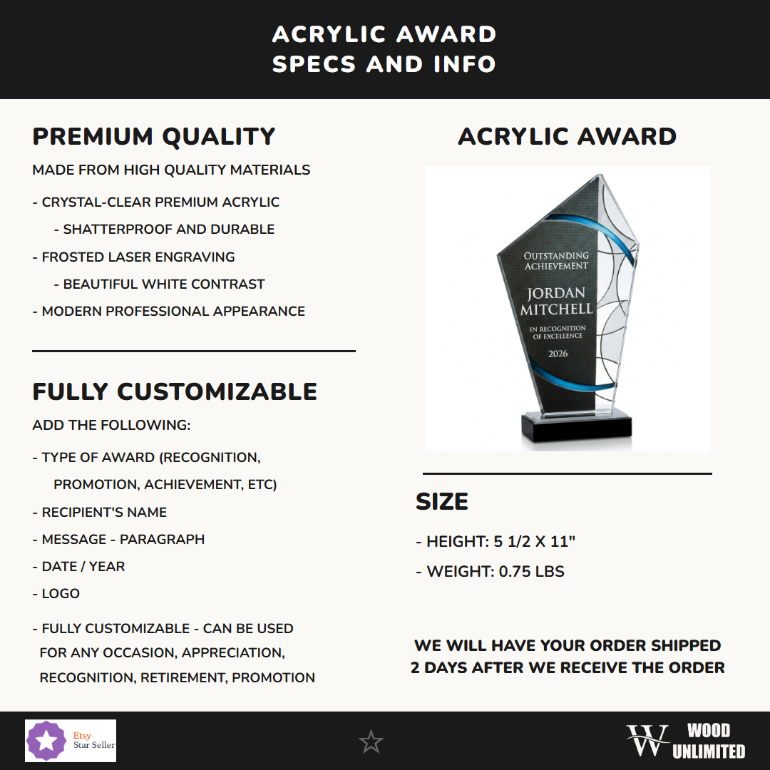 Specifications for the personalized Stained Glass Large Blue acrylic award — materials, engraving, and features