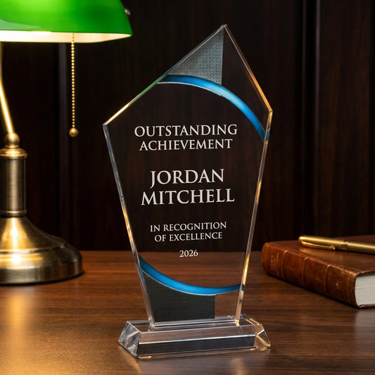 Personalized Stained Glass acrylic award on a warm executive desk with a green banker's lamp, engraved corporate recognition and retirement gift
