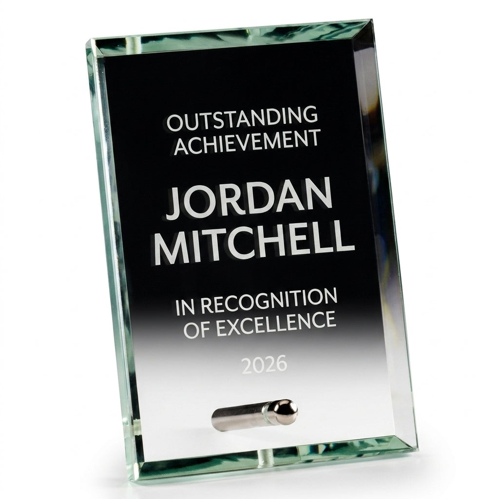 Personalized Standing Glass Plaque crystal award, custom laser engraved recognition award on a clean white studio background