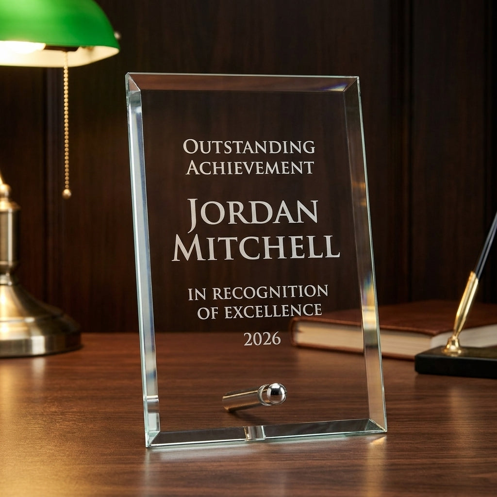 Personalized Standing Glass Plaque crystal award on a warm executive desk with a green banker's lamp, engraved corporate recognition and retirement gift
