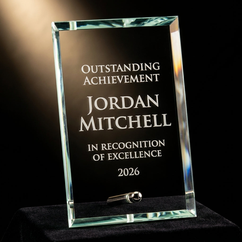 Personalized Standing Glass Plaque crystal award on black velvet under awards-ceremony spotlight, engraved champion and lifetime achievement award