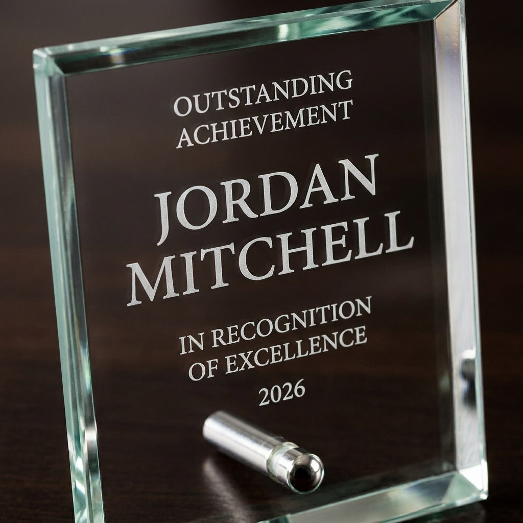 Close-up of the custom laser engraving on a personalized Standing Glass Plaque crystal award, showing crisp permanent personalization