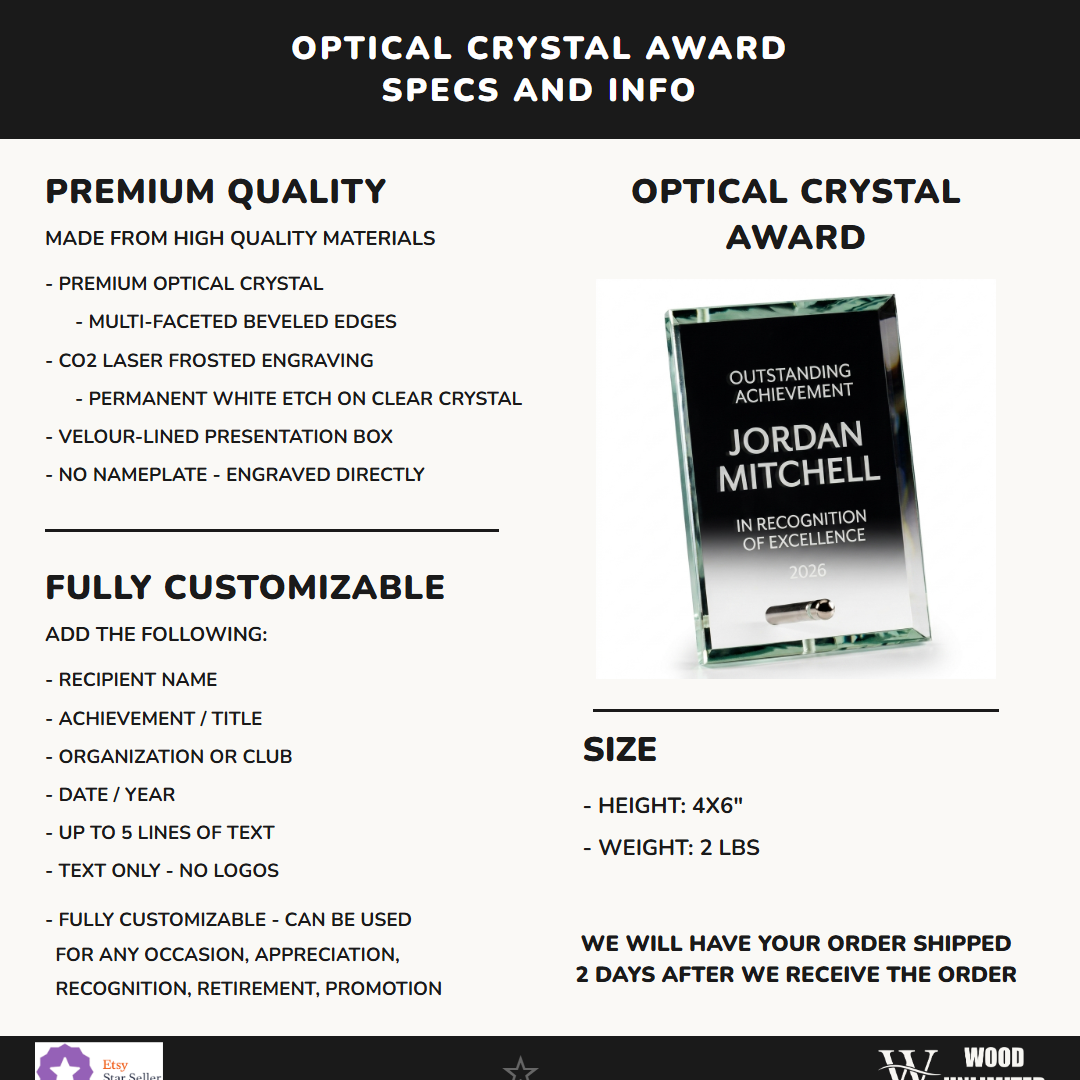 Specifications for the personalized Standing Glass Plaque crystal award — materials, engraving, and features
