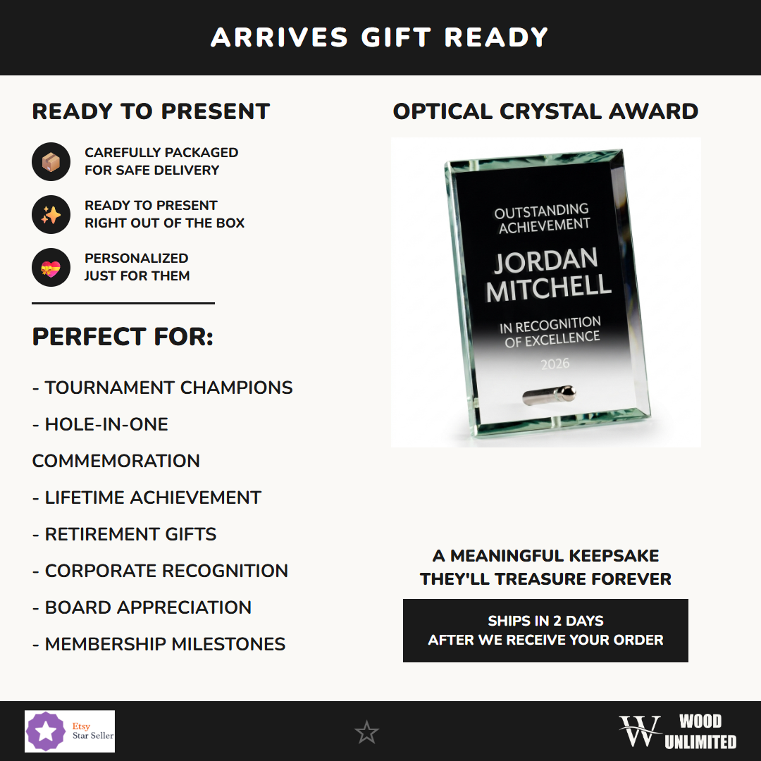 Gift-ready personalized Standing Glass Plaque crystal award, perfect for ceremonies, retirements, and corporate recognition