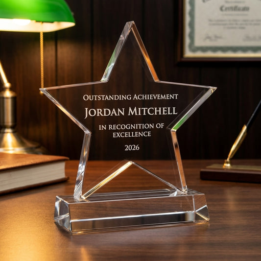 Personalized Star Acrylic Award acrylic award on a warm executive desk with a green banker's lamp, engraved corporate recognition and retirement gift