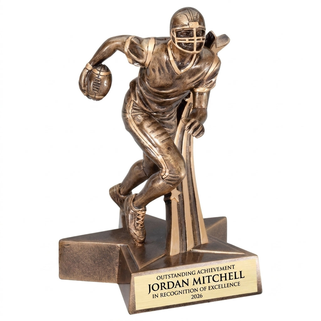 Personalized Superstar Football Resin Trophy resin award, custom laser engraved recognition award on a clean white studio background