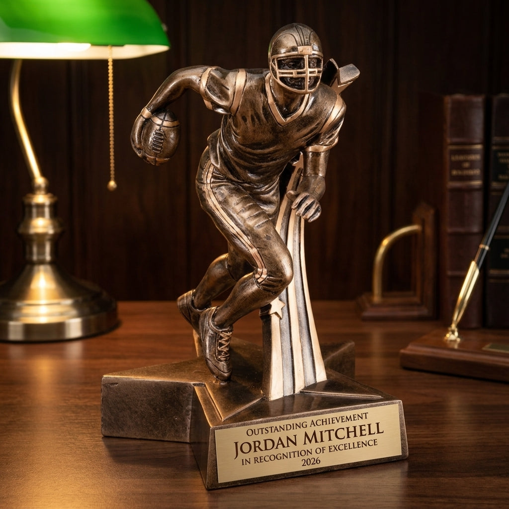 Personalized Superstar Football Resin Trophy resin award on a warm executive desk with a green banker's lamp, engraved corporate recognition and retirement gift