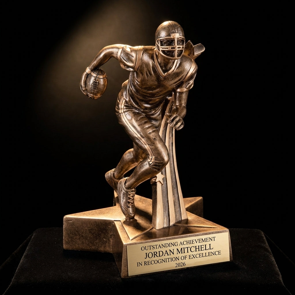 Personalized Superstar Football Resin Trophy resin award on black velvet under awards-ceremony spotlight, engraved champion and lifetime achievement award