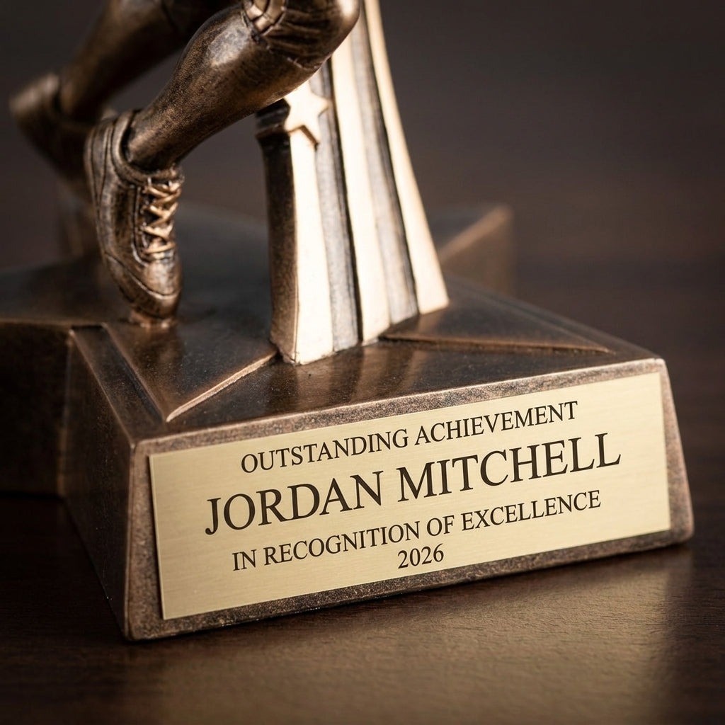 Close-up of the custom laser engraving on a personalized Superstar Football Resin Trophy resin award, showing crisp permanent personalization