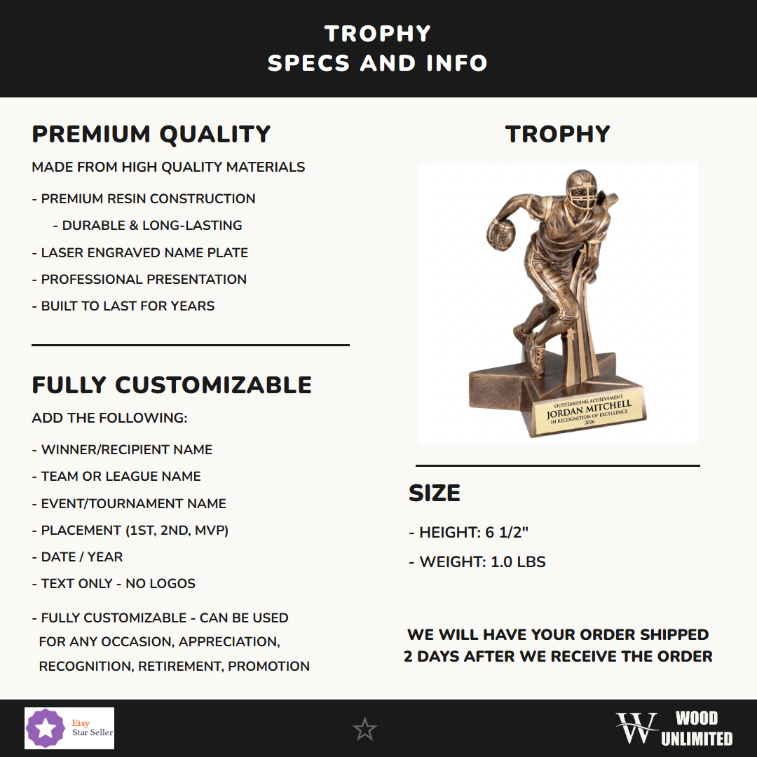Specifications for the personalized Superstar Football Resin Trophy resin award — materials, engraving, and features