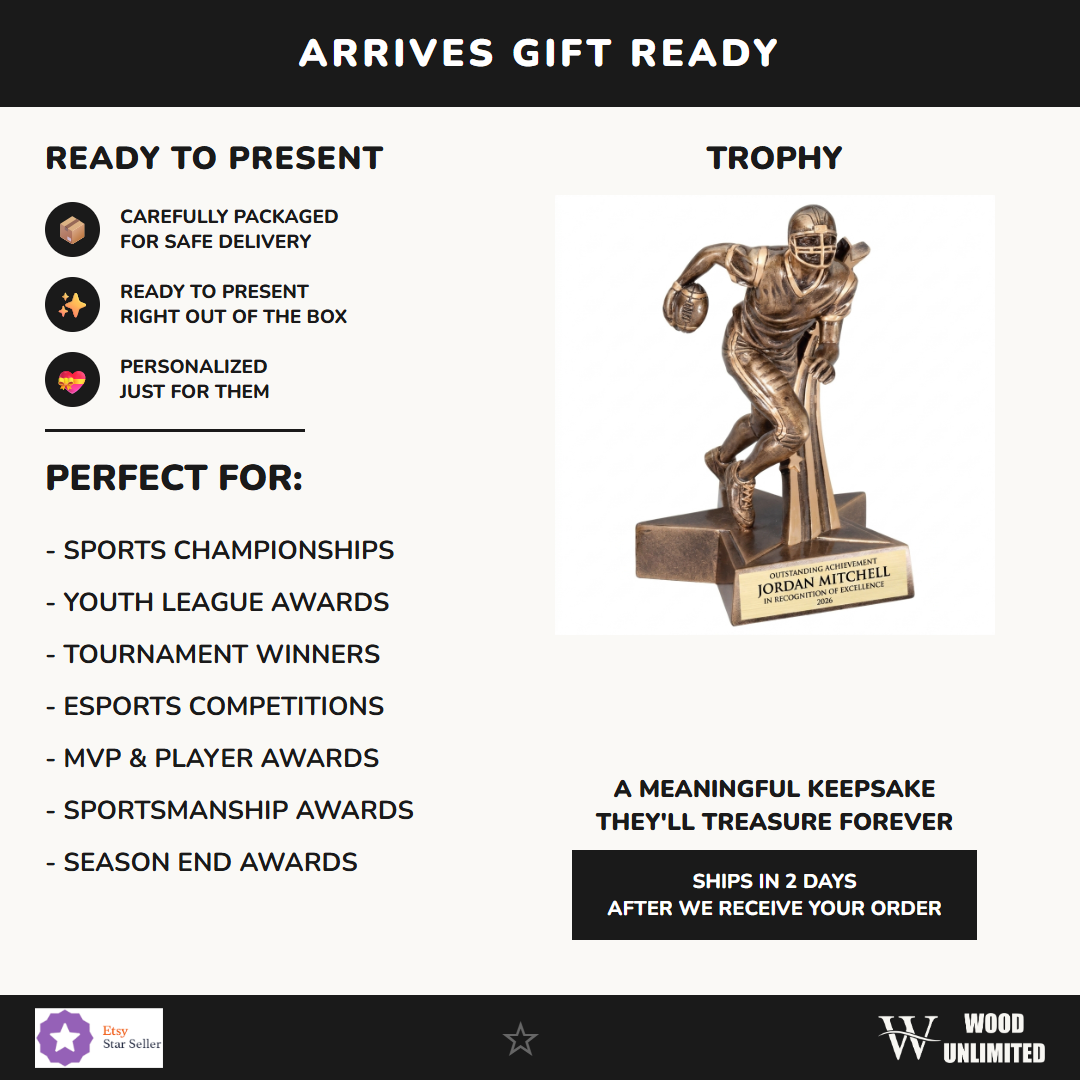 Gift-ready personalized Superstar Football Resin Trophy resin award, perfect for ceremonies, retirements, and corporate recognition