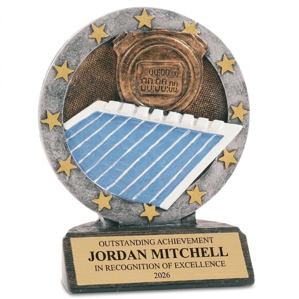 Personalized Swimming All Star Resin Award resin award, custom laser engraved recognition award on a clean white studio background