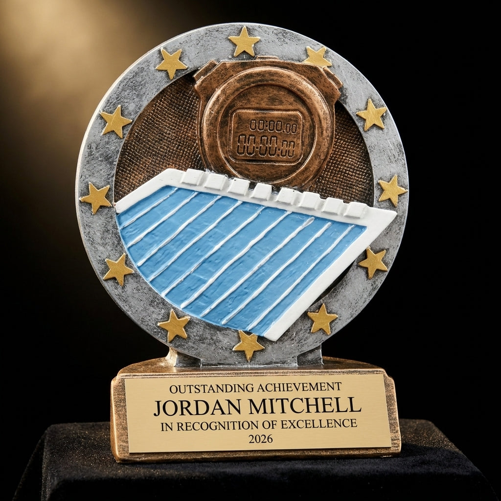Personalized Swimming All Star Resin Award resin award on black velvet under awards-ceremony spotlight, engraved champion and lifetime achievement award