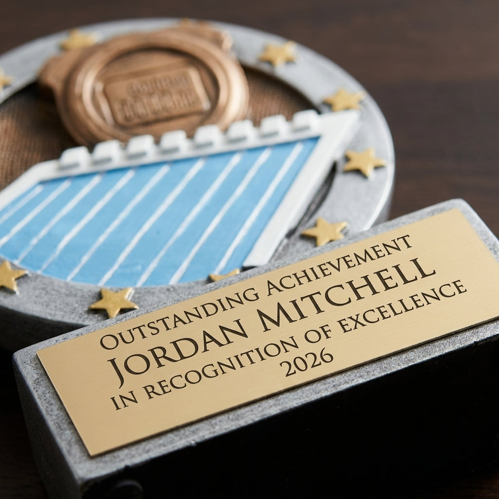 Close-up of the custom laser engraving on a personalized Swimming All Star Resin Award resin award, showing crisp permanent personalization