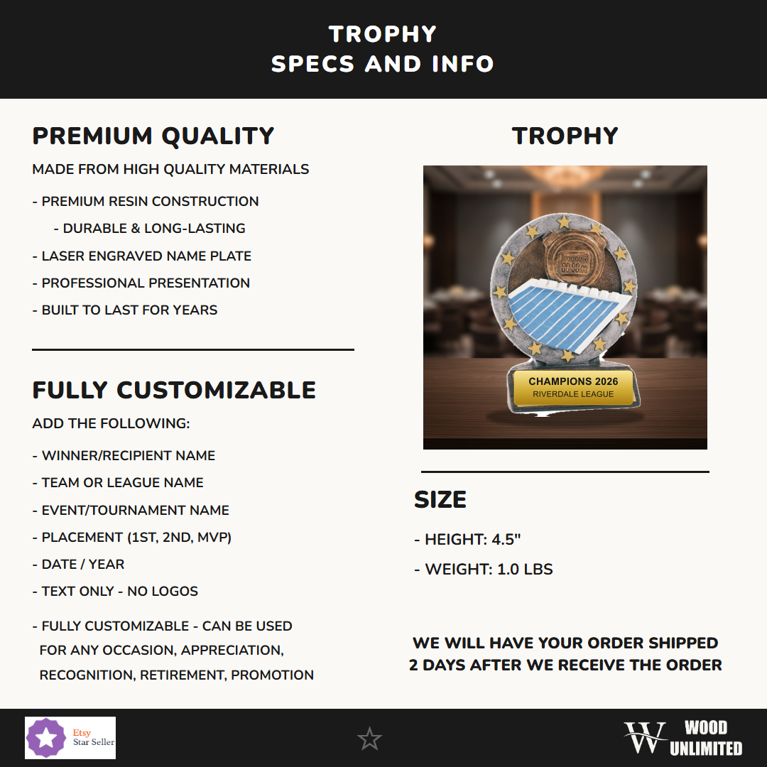 Specifications for the personalized Swimming All Star Resin Award resin award — materials, engraving, and features