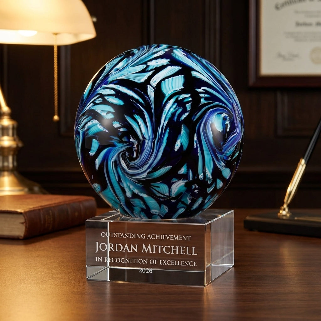 Personalized Swirl Globe Blue art glass award on a warm executive desk with a green banker's lamp, engraved corporate recognition and retirement gift