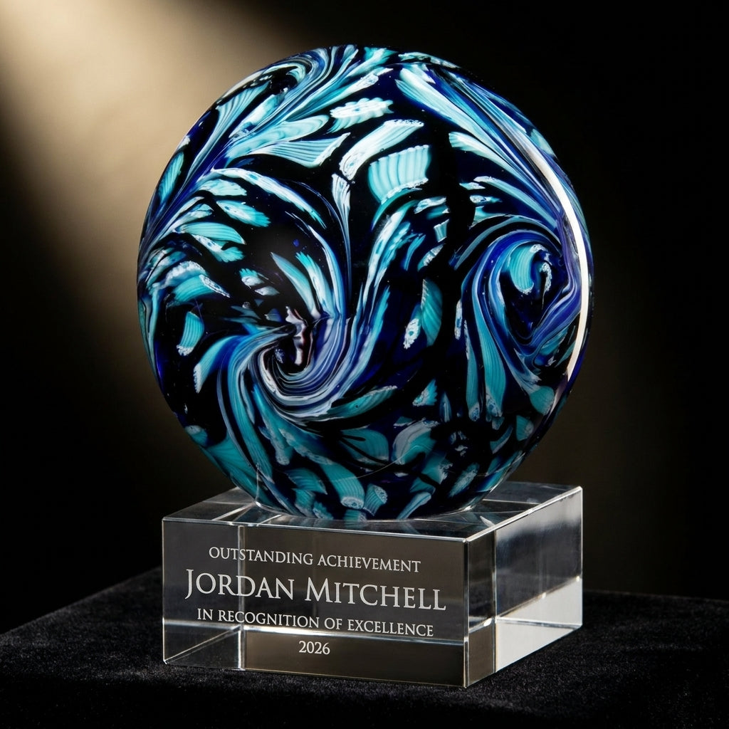 Personalized Swirl Globe Blue art glass award on black velvet under awards-ceremony spotlight, engraved champion and lifetime achievement award