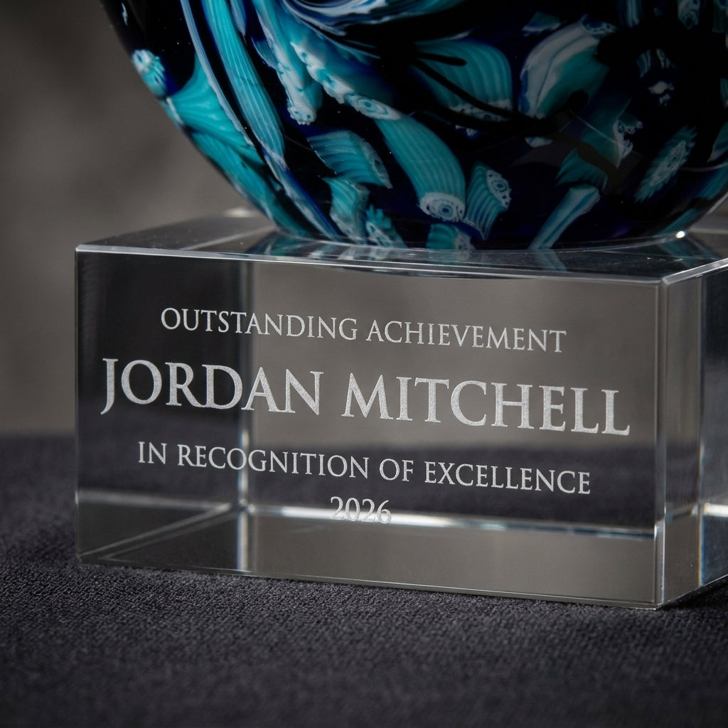 Close-up of the custom laser engraving on a personalized Swirl Globe Blue art glass award, showing crisp permanent personalization