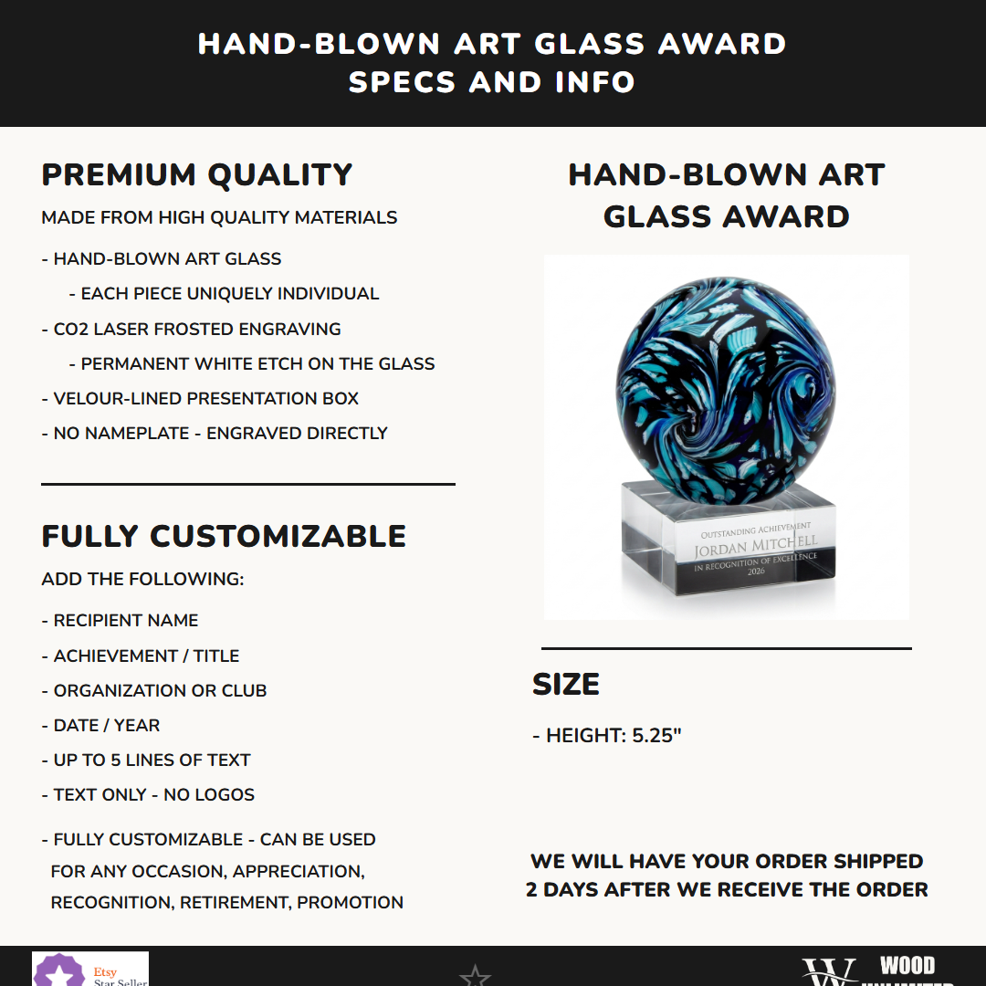 Specifications for the personalized Swirl Globe Blue art glass award — materials, engraving, and features