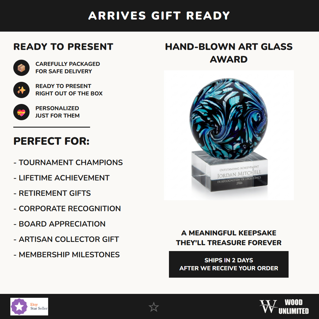 Gift-ready personalized Swirl Globe Blue art glass award, perfect for ceremonies, retirements, and corporate recognition