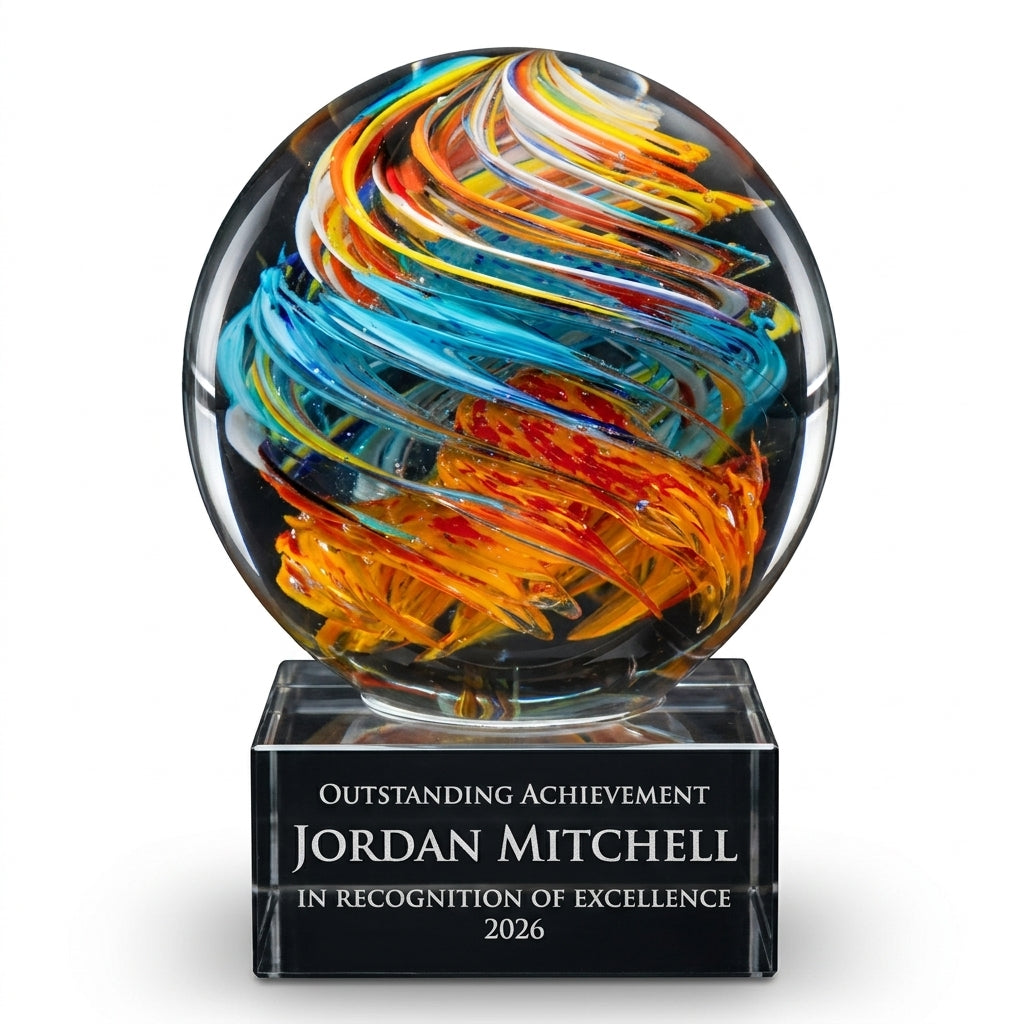 Personalized Swirl Globe Orange/Blu art glass award, custom laser engraved recognition award on a clean white studio background