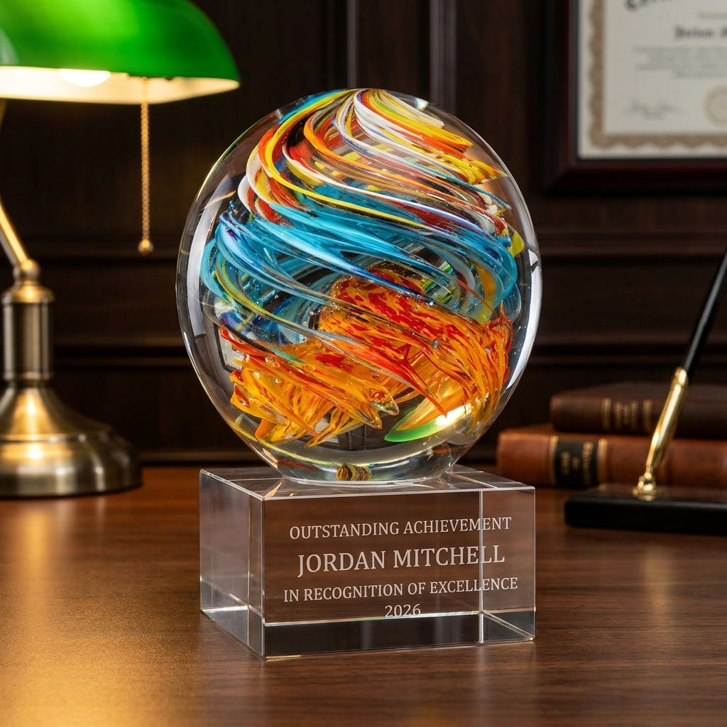 Personalized Swirl Globe Orange/Blu art glass award on a warm executive desk with a green banker's lamp, engraved corporate recognition and retirement gift