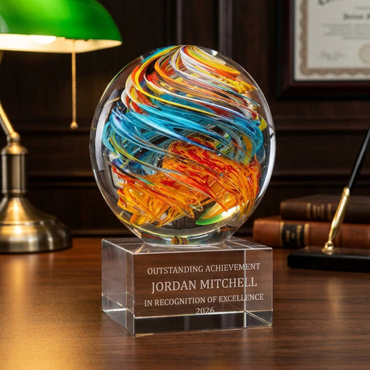 Personalized Swirl Globe Orange/Blu art glass award on a warm executive desk with a green banker's lamp, engraved corporate recognition and retirement gift