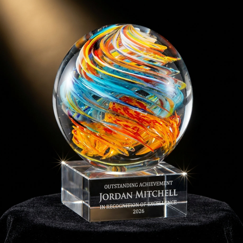 Personalized Swirl Globe Orange/Blu art glass award on black velvet under awards-ceremony spotlight, engraved champion and lifetime achievement award