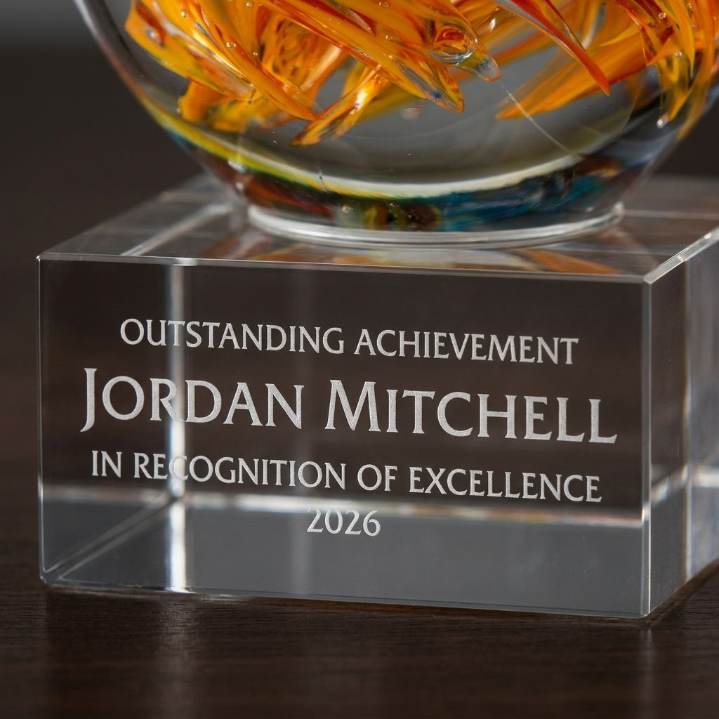 Close-up of the custom laser engraving on a personalized Swirl Globe Orange/Blu art glass award, showing crisp permanent personalization