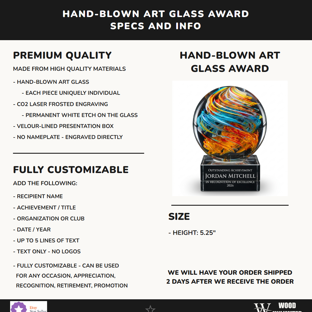 Specifications for the personalized Swirl Globe Orange/Blu art glass award — materials, engraving, and features