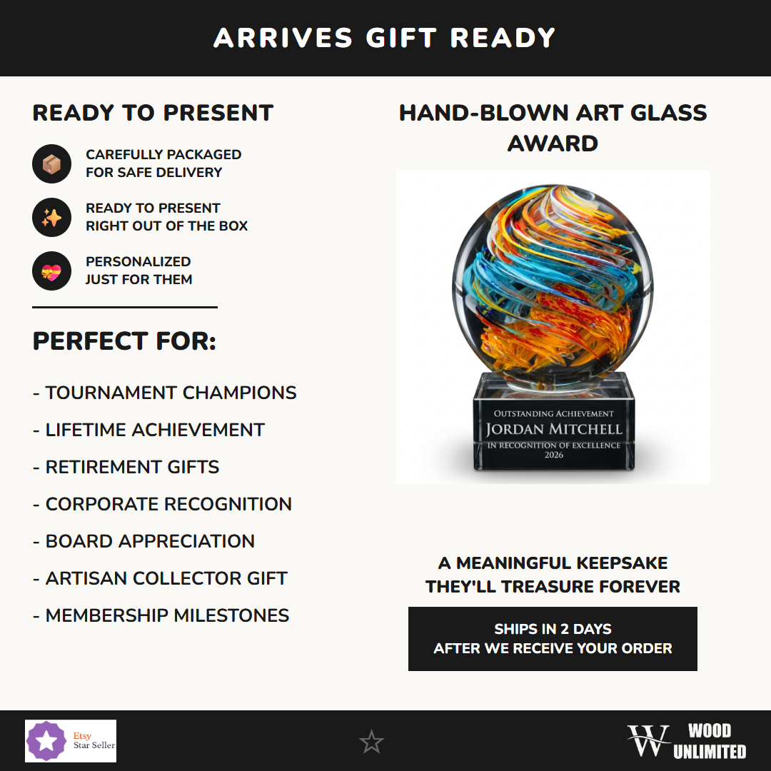 Gift-ready personalized Swirl Globe Orange/Blu art glass award, perfect for ceremonies, retirements, and corporate recognition