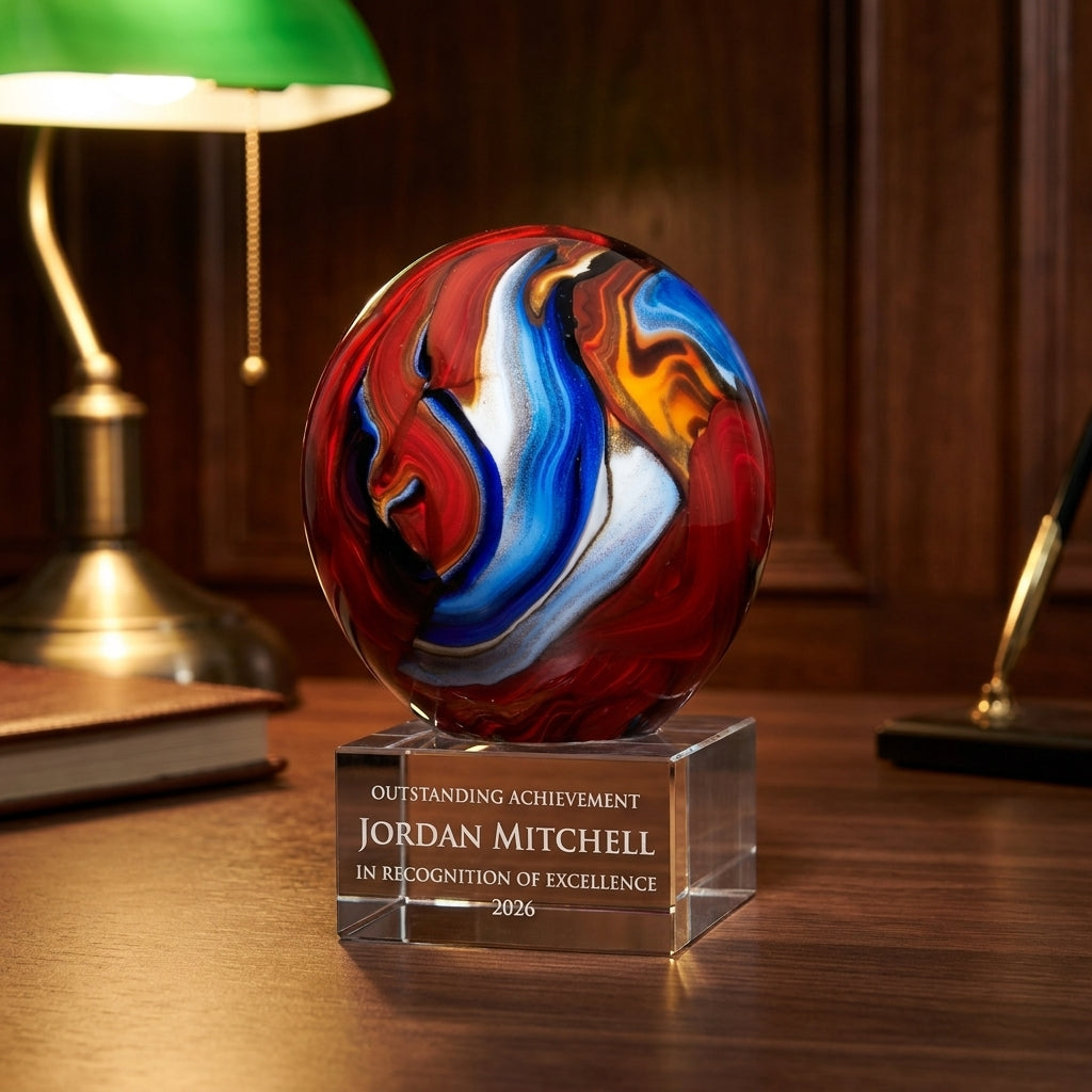 Personalized Swirl Globe Red Blue art glass award on a warm executive desk with a green banker's lamp, engraved corporate recognition and retirement gift