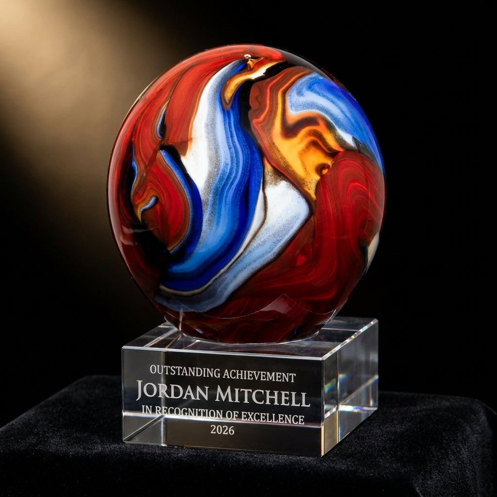 Personalized Swirl Globe Red Blue art glass award on black velvet under awards-ceremony spotlight, engraved champion and lifetime achievement award