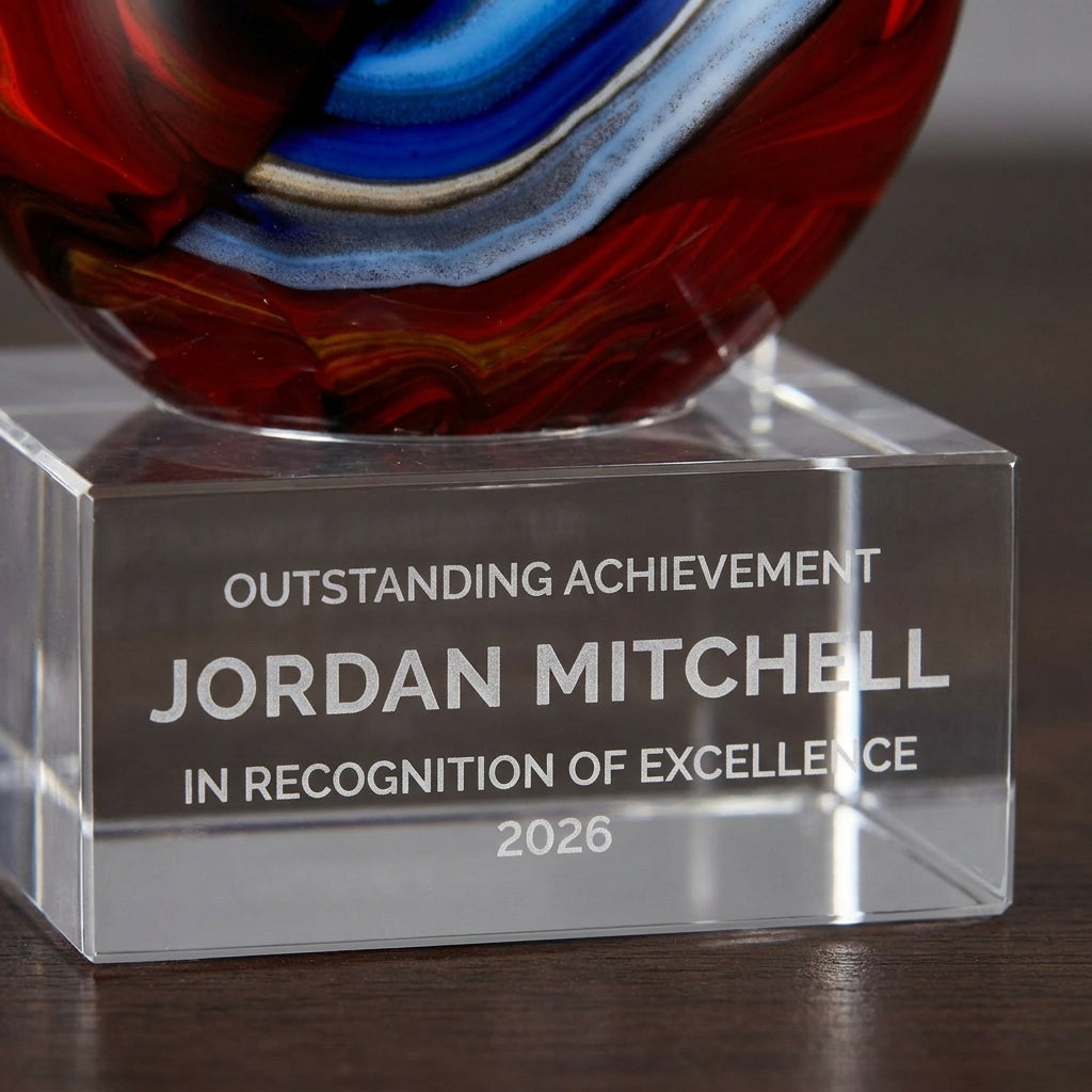 Close-up of the custom laser engraving on a personalized Swirl Globe Red Blue art glass award, showing crisp permanent personalization