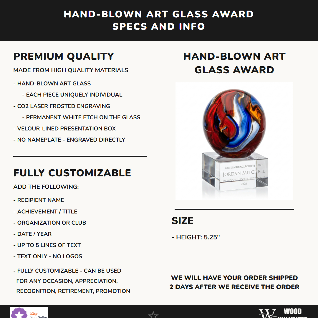 Specifications for the personalized Swirl Globe Red Blue art glass award — materials, engraving, and features