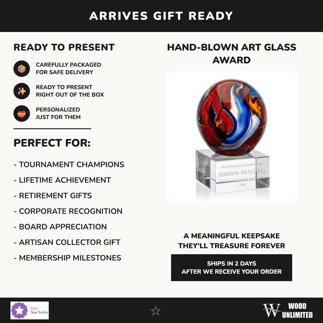 Gift-ready personalized Swirl Globe Red Blue art glass award, perfect for ceremonies, retirements, and corporate recognition