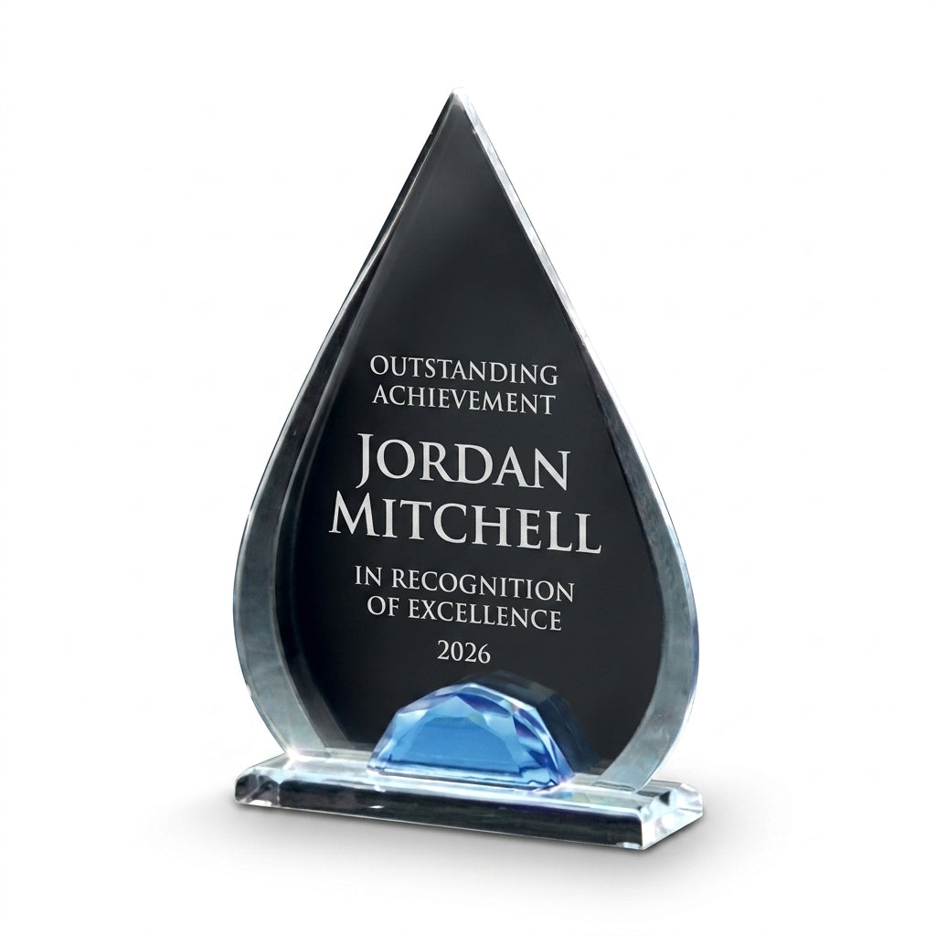 Personalized Teardrop Lucite with Glass acrylic award, custom laser engraved recognition award on a clean white studio background