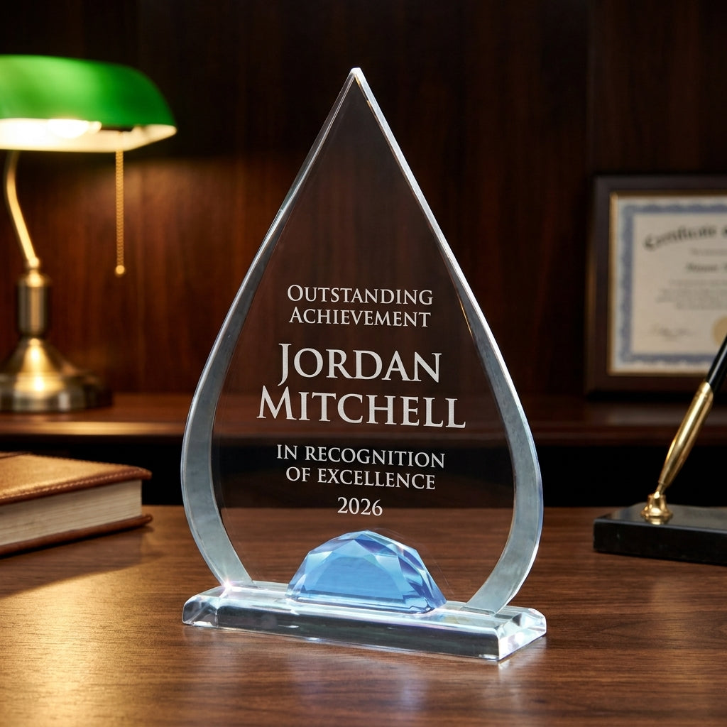Personalized Teardrop Lucite with Glass acrylic award on a warm executive desk with a green banker's lamp, engraved corporate recognition and retirement gift