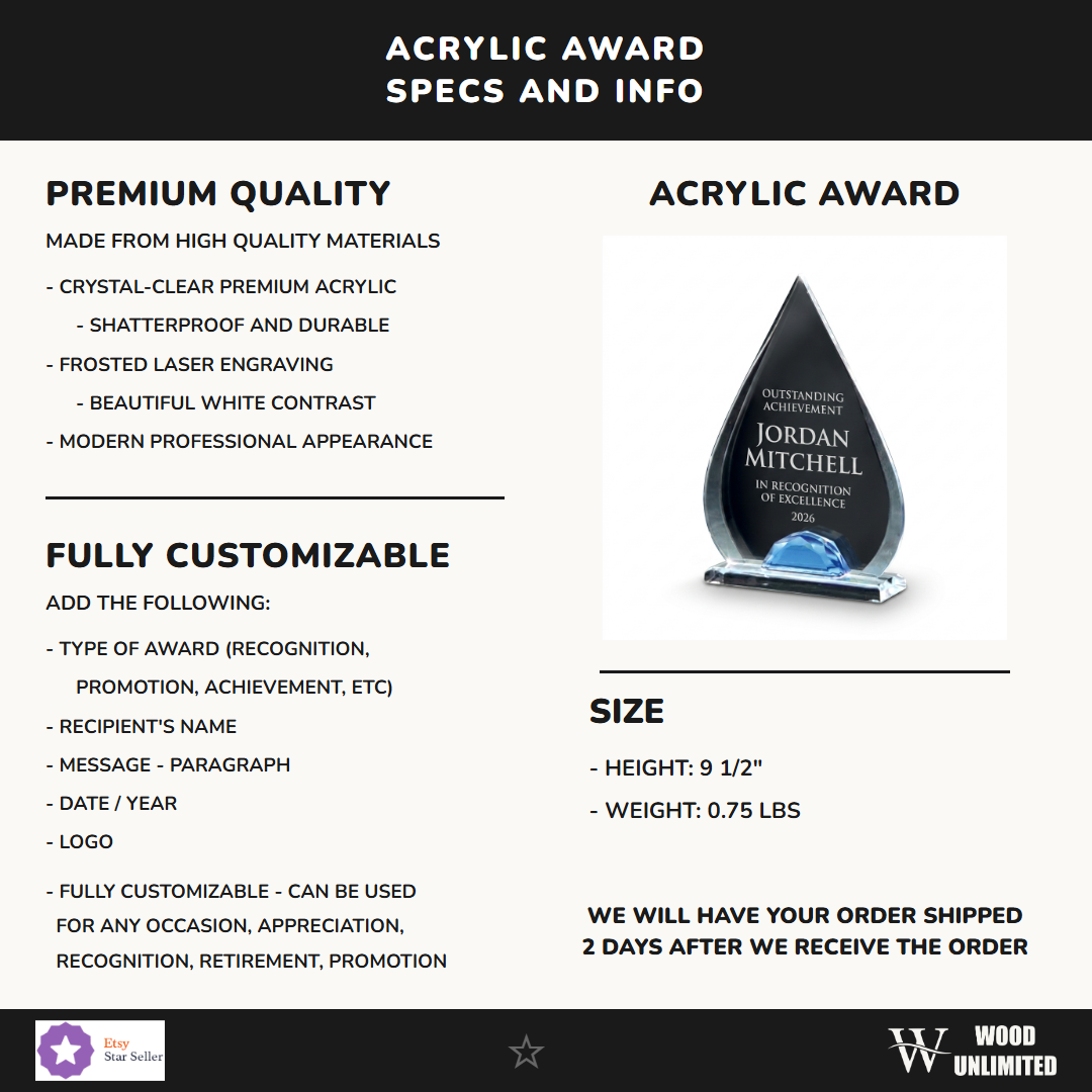 Specifications for the personalized Teardrop Lucite with Glass acrylic award — materials, engraving, and features
